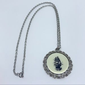Vintage Faux Scrimshaw Sailboat Medallion Necklace